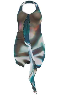 Blue Abstract Print Mesh Halterneck Center Frill Detail Bodycon Dress