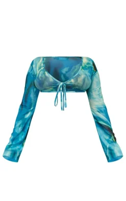 Blue Abstract Print Mesh Tie Front Beach Top