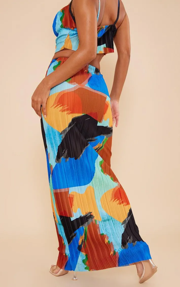 Blue Abstract Print Plisse Maxi Skirt