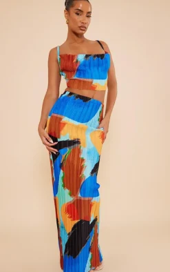 Blue Abstract Print Plisse Strappy Cowl Neck Top