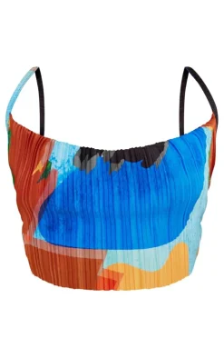 Blue Abstract Print Plisse Strappy Cowl Neck Top
