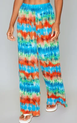Blue Abstract Print Plisse High Waisted Wide Leg Pants