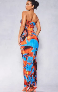Blue Abstract Print Plisse Knot Bandeau Maxi Dress