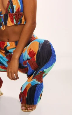 Blue Abstract Print Plisse High Waist Wide Leg Pants