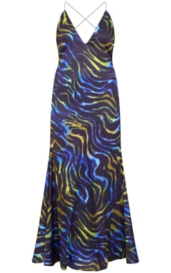 Blue Abstract Print Satin Maxi Dress