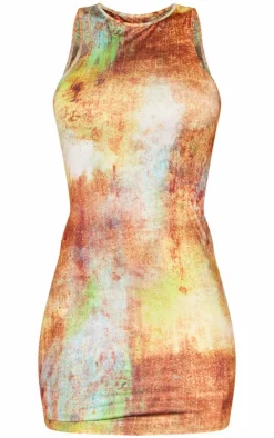 Blue Abstract Print Slinky Racer Bodycon Dress