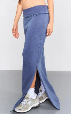 Blue Acid Wash Cotton Fold Over Maxi Skirt