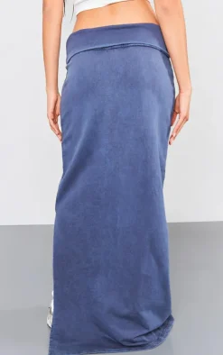 Blue Acid Wash Cotton Fold Over Maxi Skirt