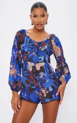 Blue and Brown Printed Tie Back Cut Out Romper