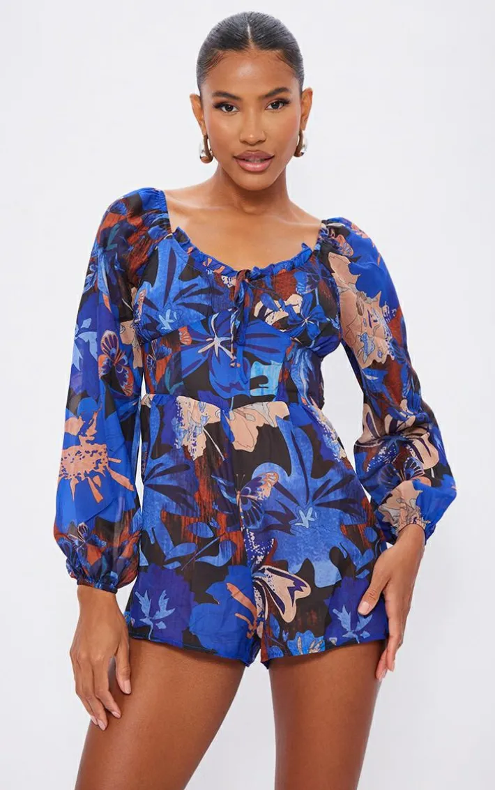 Blue and Brown Printed Tie Back Cut Out Romper