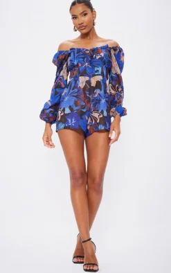 Blue and Brown Printed Tie Back Cut Out Romper