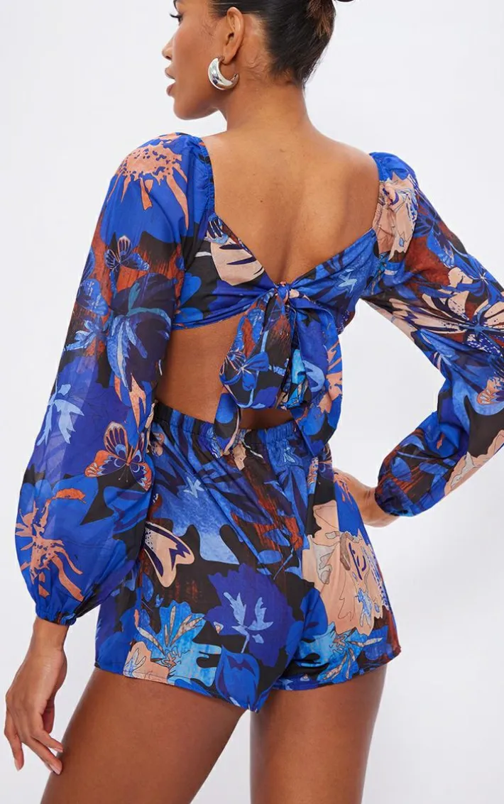 Blue and Brown Printed Tie Back Cut Out Romper