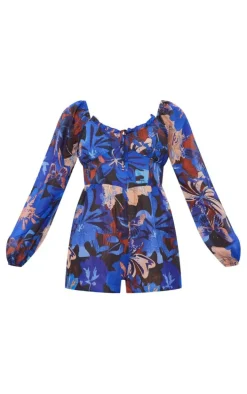 Blue and Brown Printed Tie Back Cut Out Romper