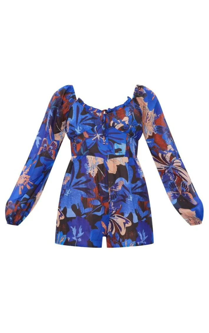 Blue and Brown Printed Tie Back Cut Out Romper