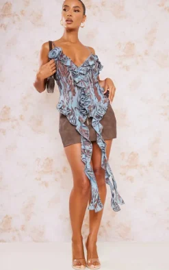 Blue Animal Print Chiffon Floral Applicate Frill Crop Top