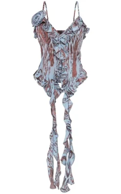 Blue Animal Print Chiffon Floral Applicate Frill Crop Top