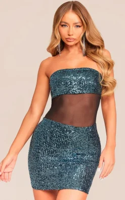Blue Bandeau Sequin Mesh Panelling Mini Dress
