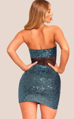Blue Bandeau Sequin Mesh Panelling Mini Dress