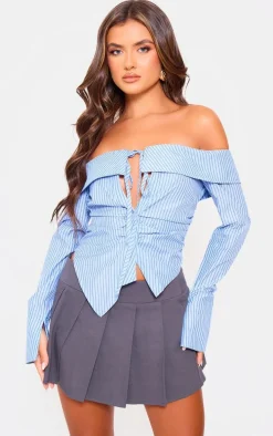 Blue Bardot Striped Fitted Shirt Style Top