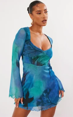 Blue Blur Floral Print Mesh Underbust Detail Shift Dress