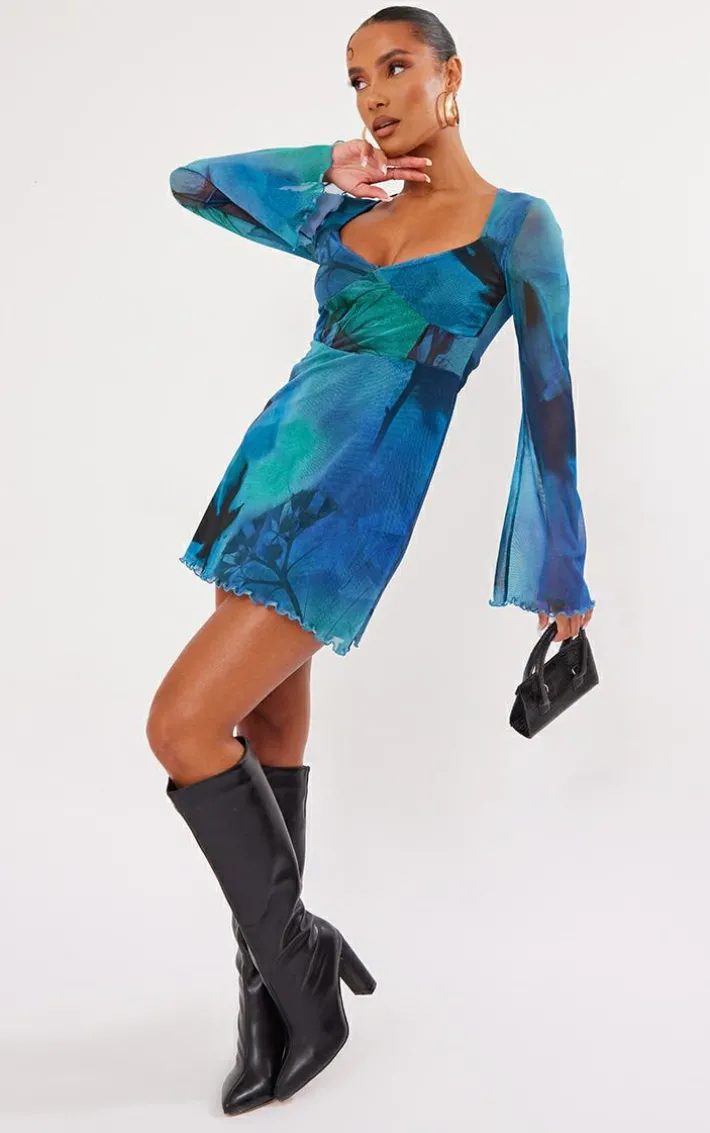 Blue Blur Floral Print Mesh Underbust Detail Shift Dress