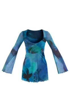 Blue Blur Floral Print Mesh Underbust Detail Shift Dress