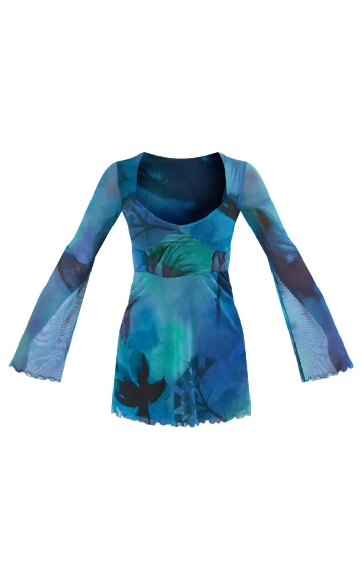 Blue Blur Floral Print Mesh Underbust Detail Shift Dress