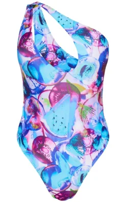 Blue Blurred Fruit Print One Shoulder Cut Out Swimsuit