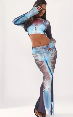 Blue Body Print Slinky Low Rise Midaxi Skirt