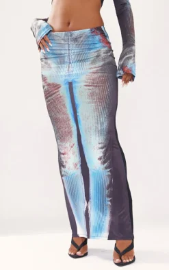Blue Body Print Slinky Low Rise Midaxi Skirt