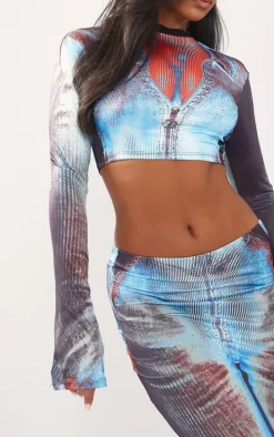 Blue Body Print Slinky Low Rise Midaxi Skirt