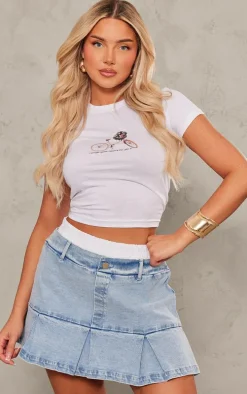 Blue Boxer Waistband Pleated Denim Mini Skirt