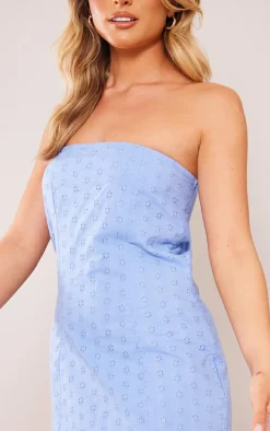 Blue Broderie Anglaise Bandeau Bodycon Dress
