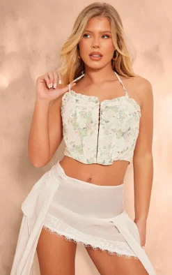 Blue Broderie Floral Boned Corset