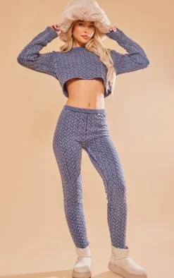 Blue Cable Knitted Denim Look Leggings