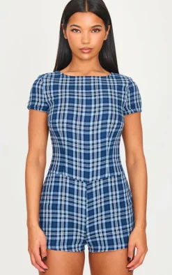 Blue Check Print Boat Neck Unitard