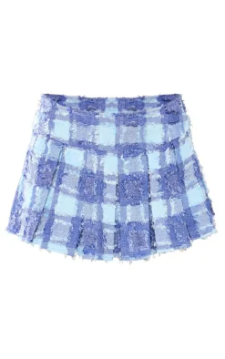 Blue Checkered Distressed Micro Mini Skater Skirt