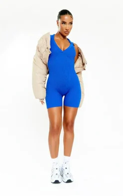 Blue Collared Rib Knit Unitard