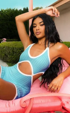 Blue Contrast Binding Cut Out Knit Romper