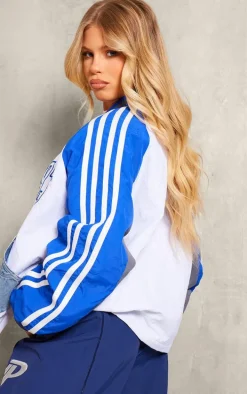 Blue Contrast Denim Pocket Oversized Bomber Jacket