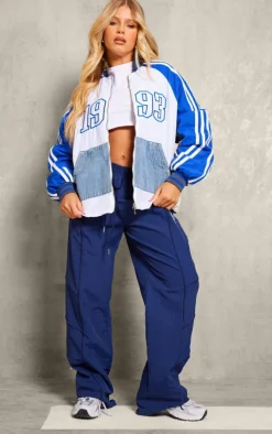 Blue Contrast Denim Pocket Oversized Bomber Jacket