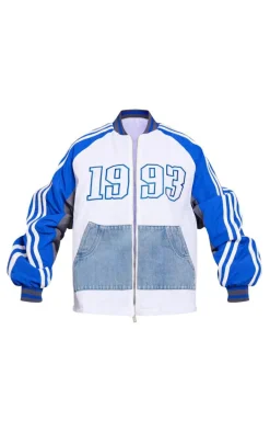 Blue Contrast Denim Pocket Oversized Bomber Jacket