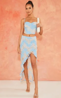 Blue Contrast Lace Asymmetric Hem Split Front Midaxi Skirt