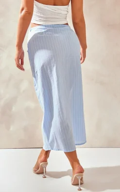 Blue Cotton Pinstripe Ruched Thigh Midi Skirt
