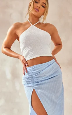 Blue Cotton Pinstripe Ruched Thigh Midi Skirt