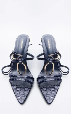 Blue Croc Pu Point Toe Ring Detail Lace Up Heeled Sandals