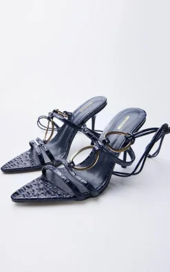 Blue Croc Pu Point Toe Ring Detail Lace Up Heeled Sandals