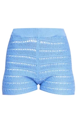 Blue Crochet Knit Mini Shorts