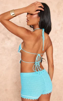 Blue Crochet Knit Tie Back Flower Bralet