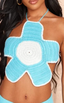 Blue Crochet Knit Tie Back Flower Bralet